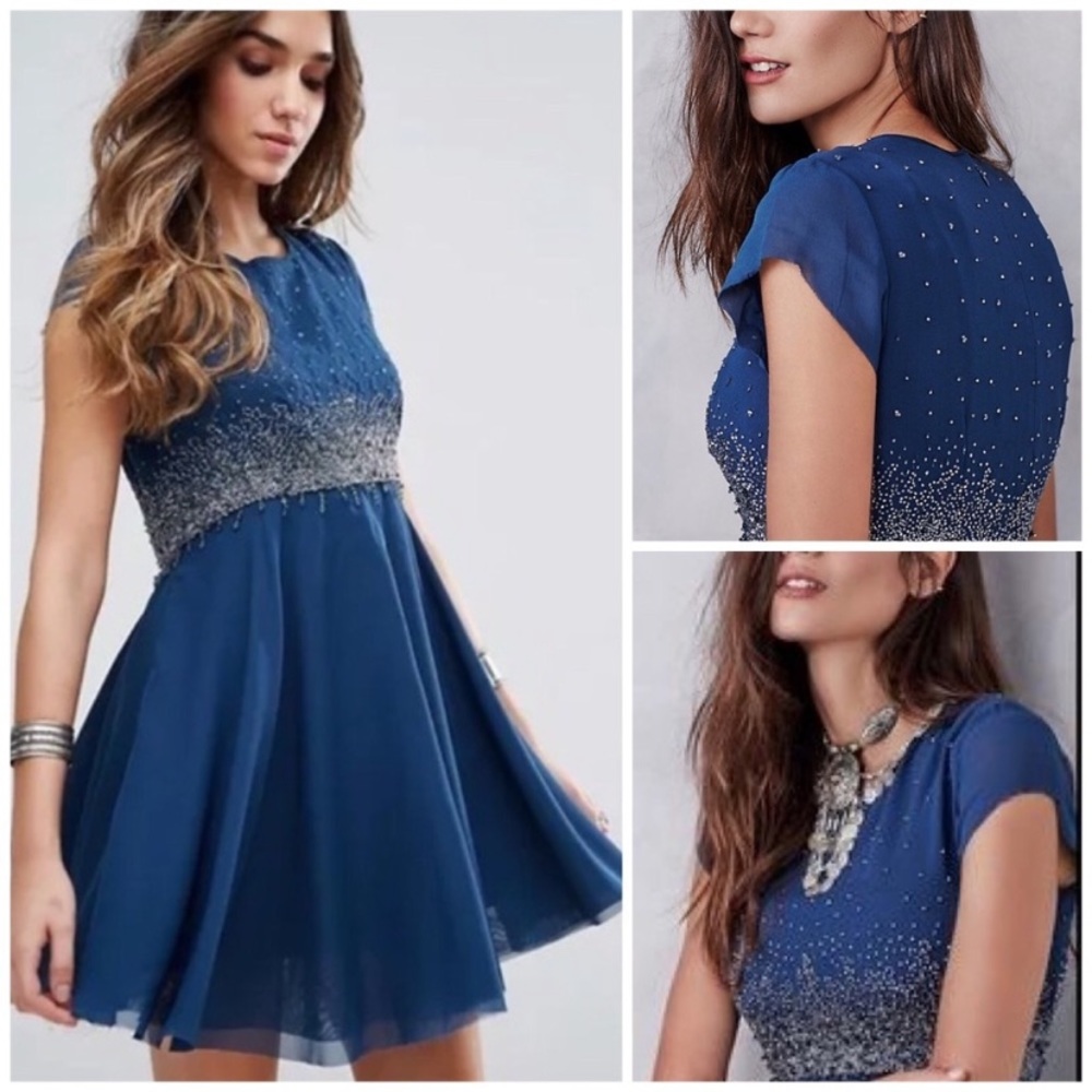 NWOT Free People Navy Blue Beaded Babydoll Juniors Dress